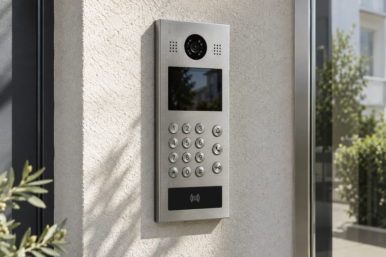 Interphone vidéo en inox avec clavier et lecteur de badges à l’entrée d’un immeuble