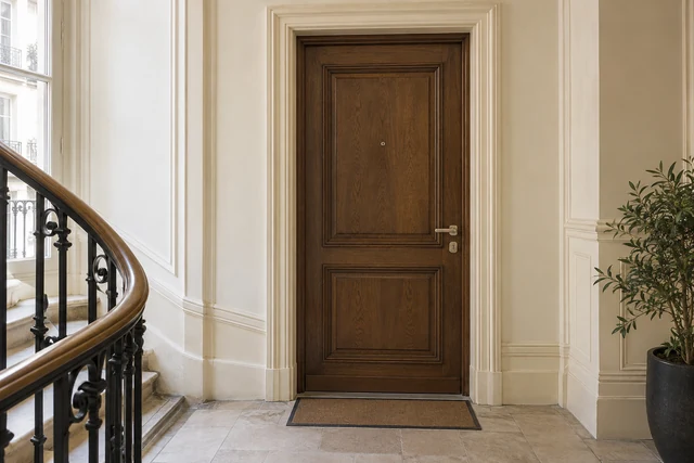Porte palière en bois sur un palier parisien aux murs moulurés