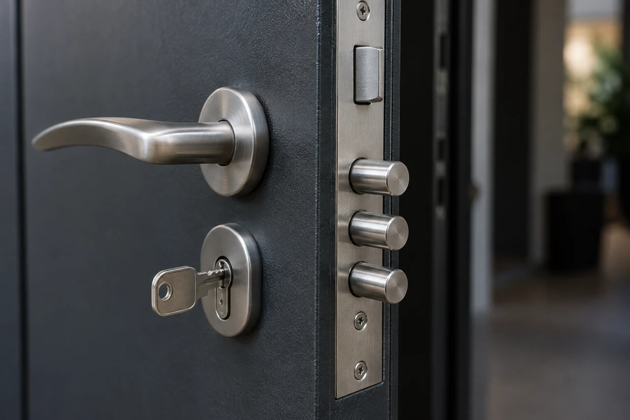 Serrure multipoints, poignée et clé sur une porte métallique